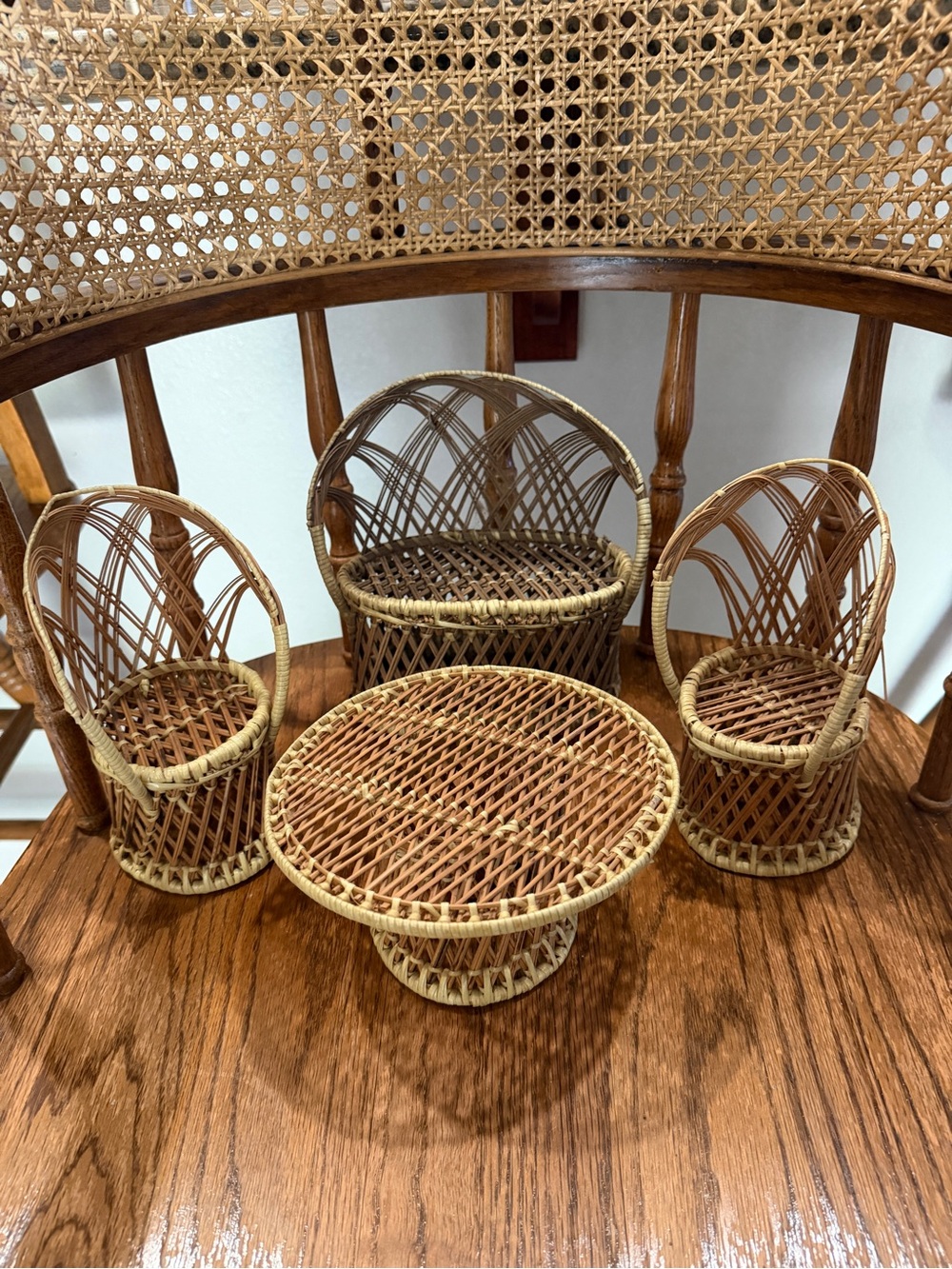 Vintage Miniature Wicker Furniture Set Chairs & Table